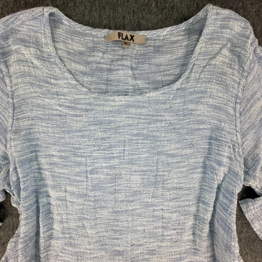 FLAX Size Medium Blue White Space Dye Linen Top 3/4 Sleeve Lagenlook Coastal - Picture 3 of 11